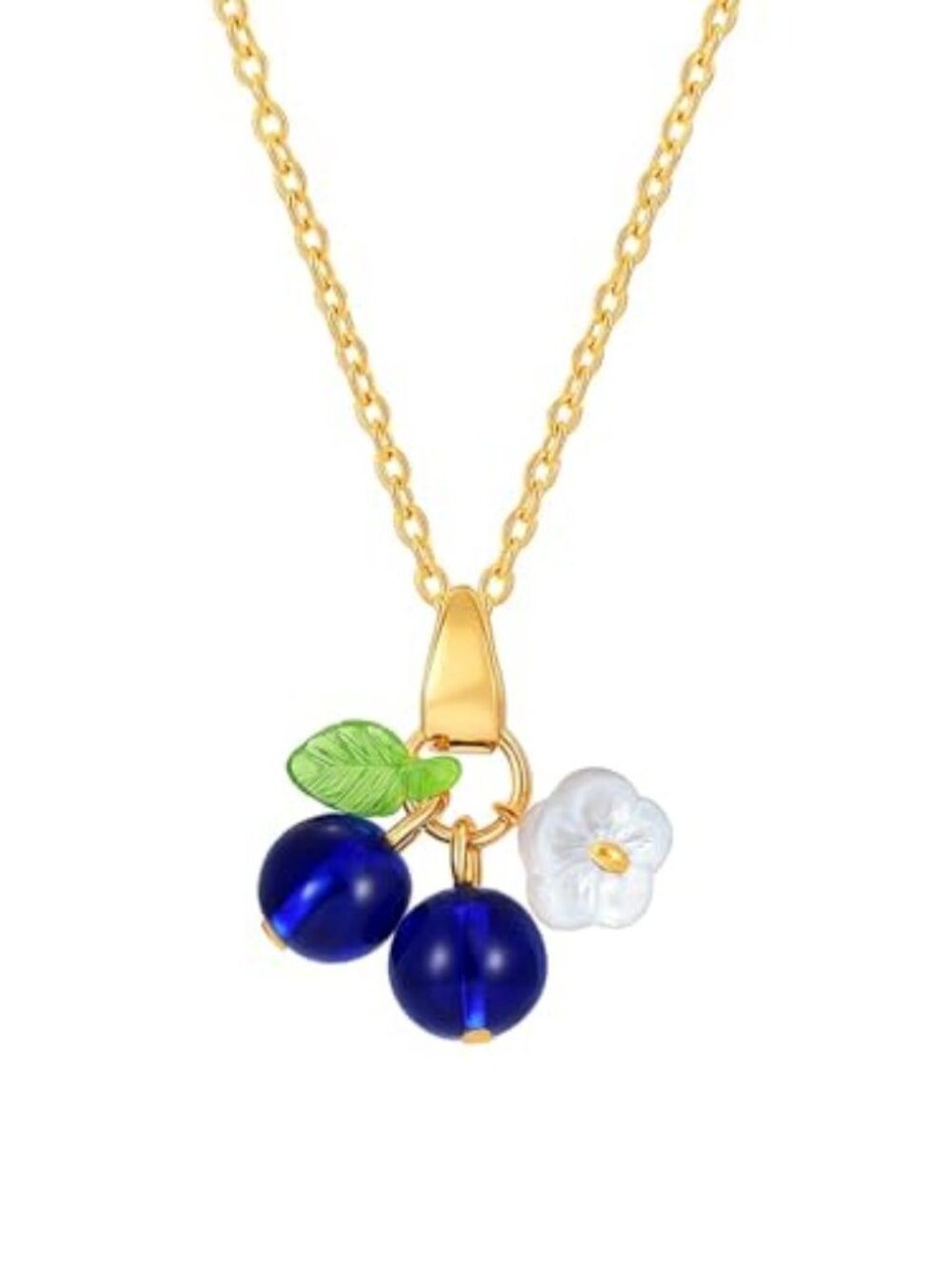 Cute Blueberry Fruit Pendant Necklace for Women Glass Bead Flower Charm Gold‎
